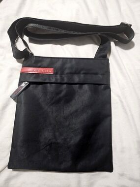 Prada Black Nylon Messenger Bag with Red Trim